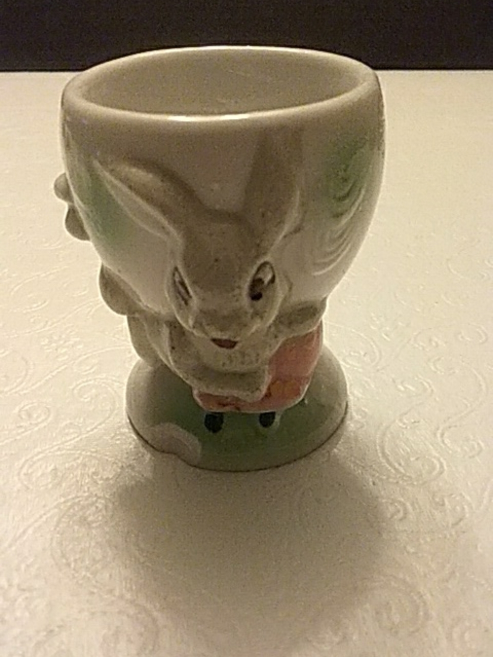 Vintage Bunny Egg Cup - White with Green and Pink Accents